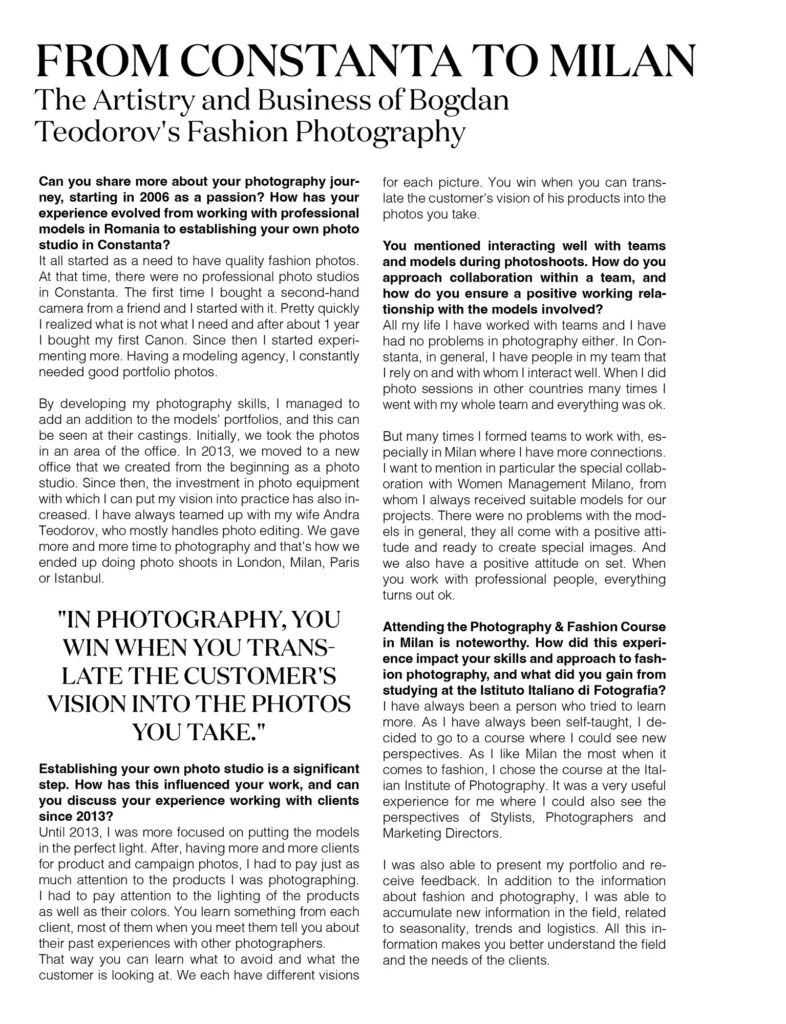Interviu Bogdan Teodorov și Editorial Malvie Magazine, Cauti un Fotograf Profesionist in Constanta? Contacteaza Fashion Books